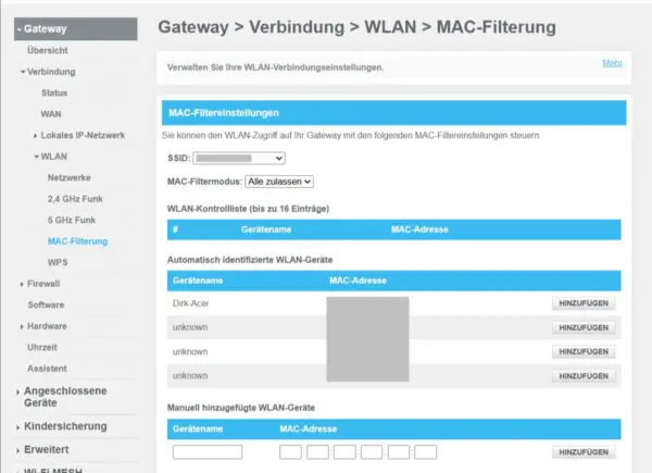 MAC-Filterung im ARRIS TG3442 einrichten MAC-Filter im Router ARRIS TG3442 mit Einstellungen zur WLAN-Zugangskontrolle