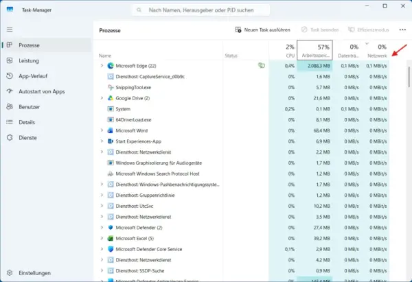 Netzwerkauslastung einzelner Programme im Task-Manager anzeigen Netzwerk-Traffic im Windows 11 Task-Manager überwachen