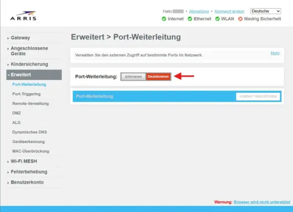 Port-Weiterleitung im ARRIS TG3442 kontrollieren Deaktivierte Port-Weiterleitung im ARRIS TG3442 Router