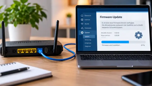 Router-Firmware sicher aktualisieren – Update wird installiert Router Firmware aktualisieren über einen per LAN verbundenen Laptop