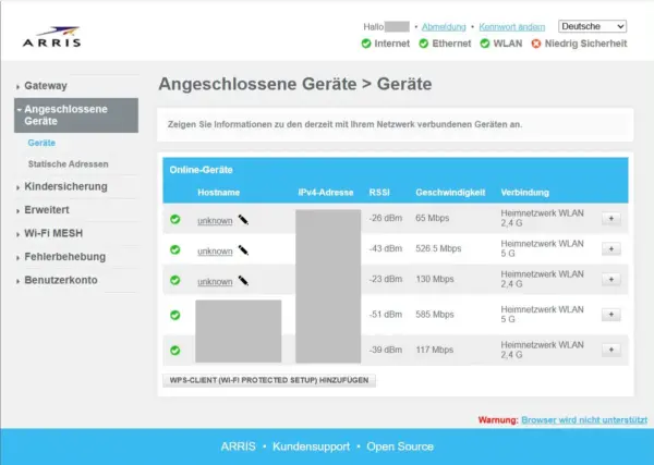 Angeschlossene Geräte im ARRIS TG3442 anzeigen Verbundene Geräte im Heimnetzwerk in der Übersicht des ARRIS TG3442 Routers