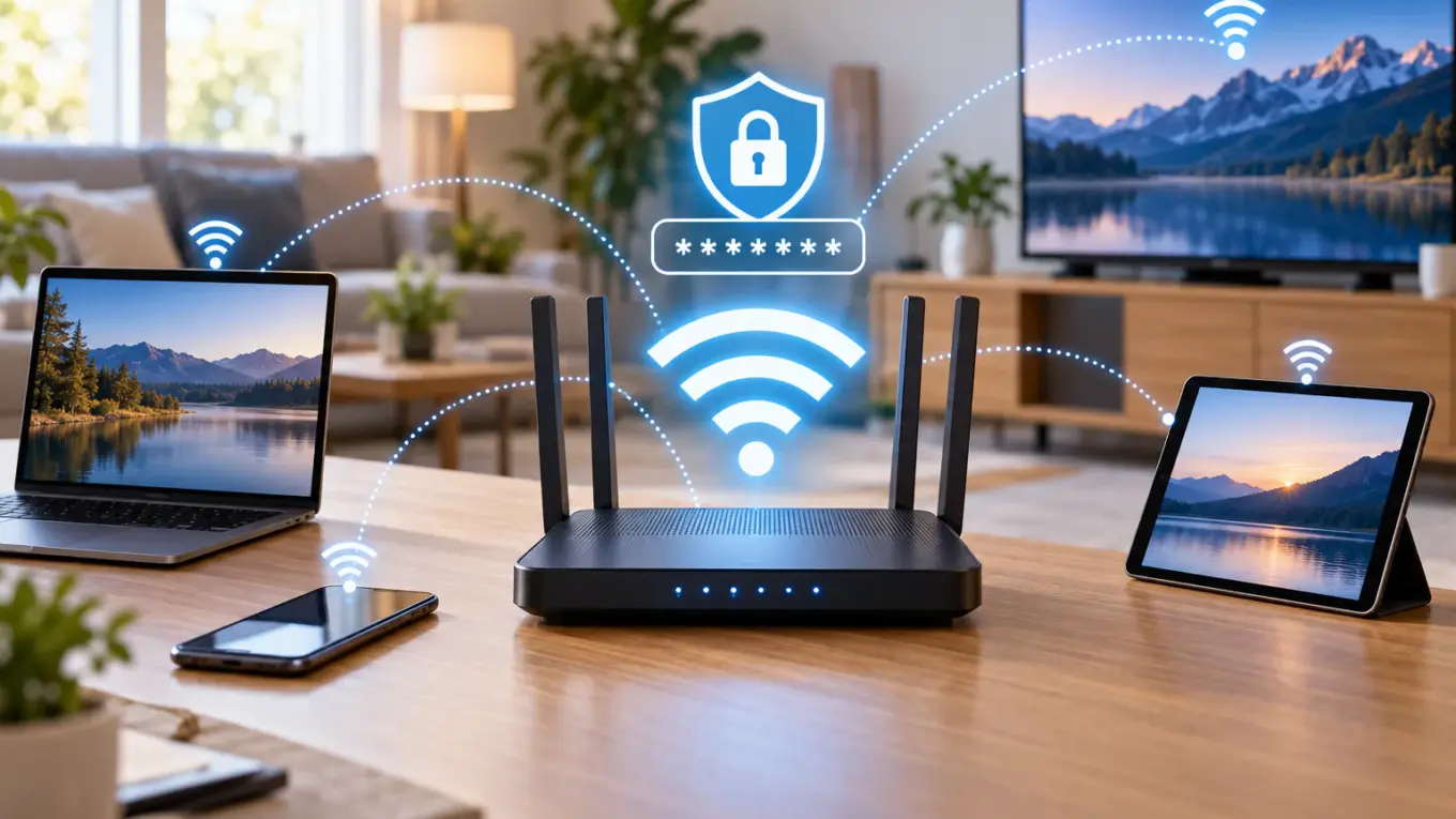Sicheres WLAN Passwort im Heimnetz mit Router und verbundenen Geräten