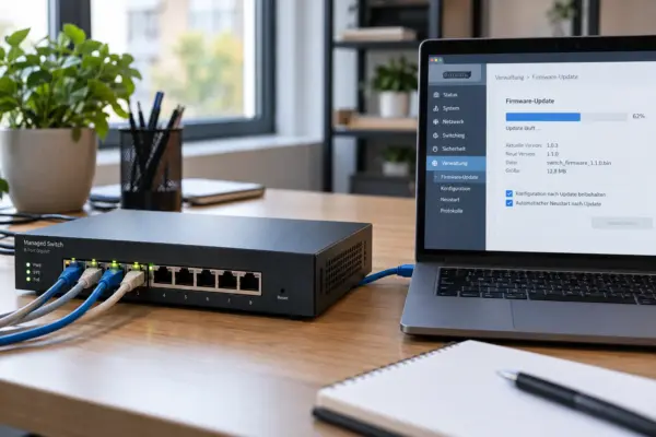 Managed Switch Firmware aktualisieren – Update läuft Firmware-Update eines Managed Switches über einen verbundenen Laptop