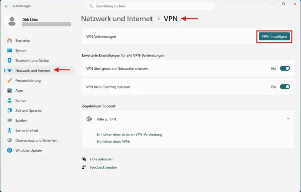 VPN-Verbindung in Windows 11 hinzufügen VPN unter Windows 11 einrichten über Netzwerk und Internet und VPN hinzufügen