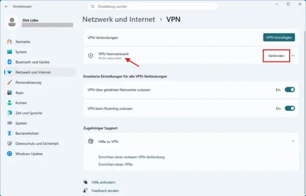 VPN unter Windows 11 verbinden VPN-Verbindung unter Windows 11 herstellen über die Schaltfläche Verbinden