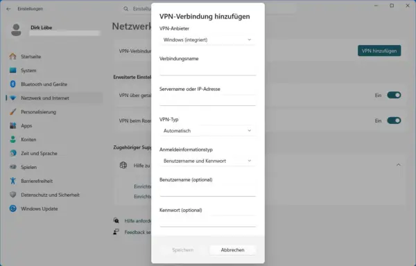 VPN-Verbindung unter Windows 11 konfigurieren VPN einrichten unter Windows 11 mit den Einstellungen für Serveradresse, VPN-Typ und Anmeldung