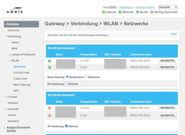 WLAN-Sicherheitsmodus im ARRIS TG3442 prüfen WLAN-Einstellungen des ARRIS TG3442 mit Sicherheitsmodus WPA2-PSK AES