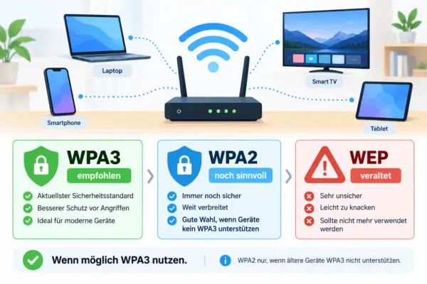 Erklärgrafik zur WLAN-Verschlüsselung mit WPA3, WPA2 und WEP