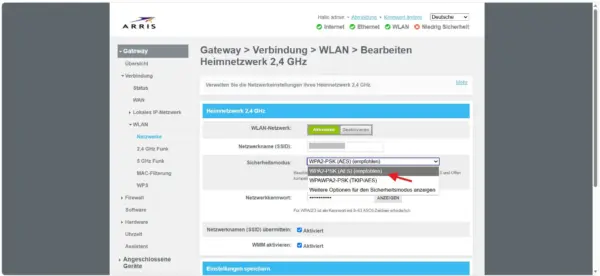WLAN-Sicherheitseinstellungen mit WPA2-PSK (AES) im ARRIS-Router