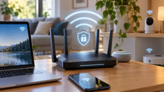 WPA2 oder WPA3 – sicher verschlüsseltes Heimnetzwerk mit WLAN-Router und verbundenen Geräten