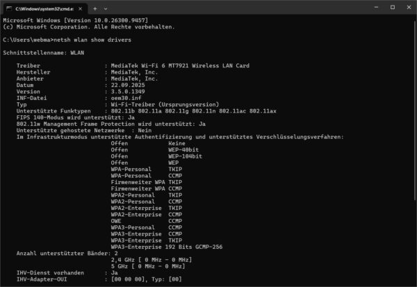 Windows 11 zeigt per netsh wlan show drivers die Unterstützung für WPA3-Personal