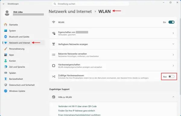 Zufällige Hardwareadressen in Windows 11 ein- oder ausschalten Zufällige Hardwareadressen unter Windows 11 in den WLAN-Einstellungen